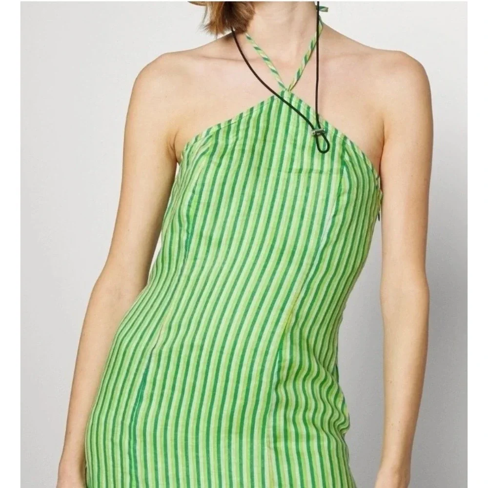 Faithfull The Brand Muthia Mini Dress Womens 8 Green Bau-Bau Stripe Tie Shoulder